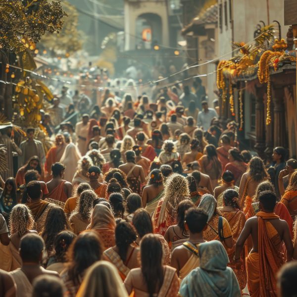 crowded Indian street, religious ritual, vertical format, traditional attire, cultural symbols, ceremonial activities, spiritual atmosphere --chaos 12 --ar 9:16 --stylize 390 Job ID: d70baf70-b46c-4816-87ea-1de916729fd4