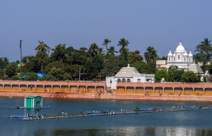 view of temple and lake 19 feb 2024 ,bindu sagar lake , odisha , india